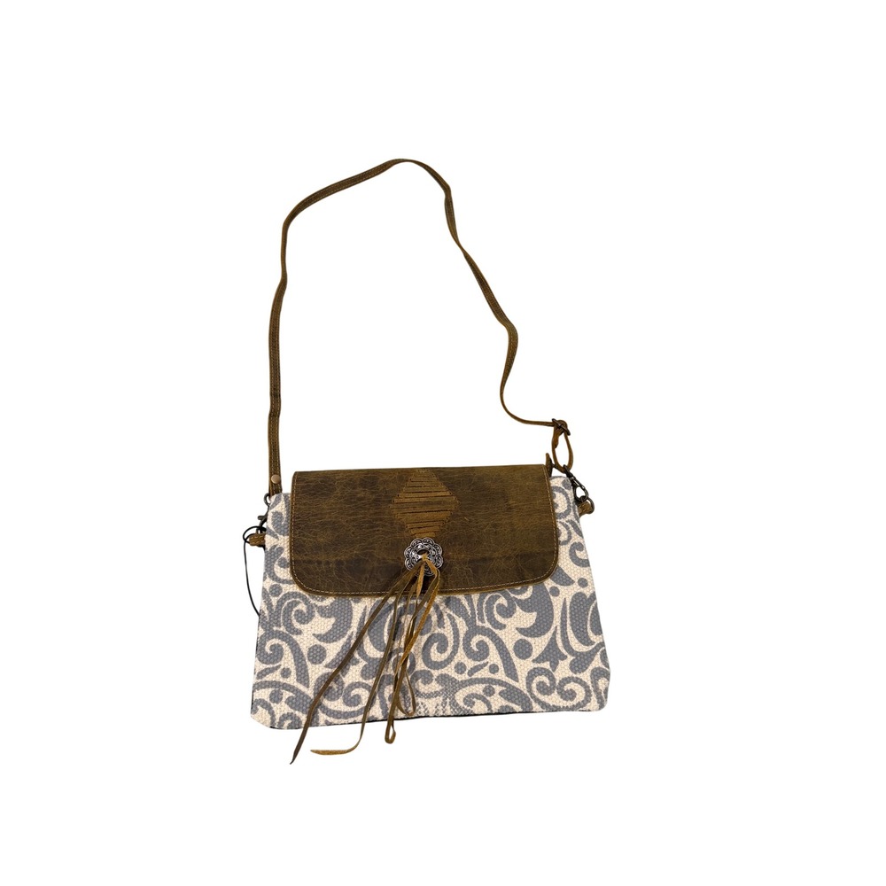 Myra Bag Canvas Leather Crossbody Bag Grey Scroll Western Concho